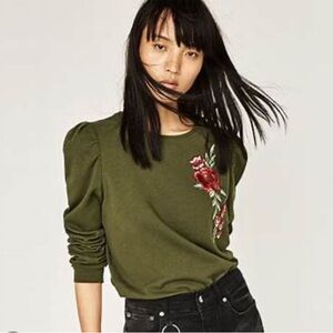 Zara Floral Embroidered Olive Green Top